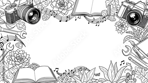 Black and white illustration of a frame with cameras and flowers and book