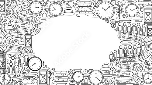 Black and white illustration of various clock faces and symbols in a decorative border design
