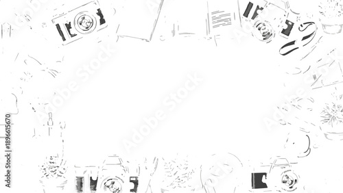 Black and white illustration of various objects arranged in a circular pattern