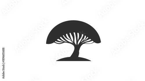 A stylized illustration features a tree silhouette with a rounded canopy atop a slender trunk