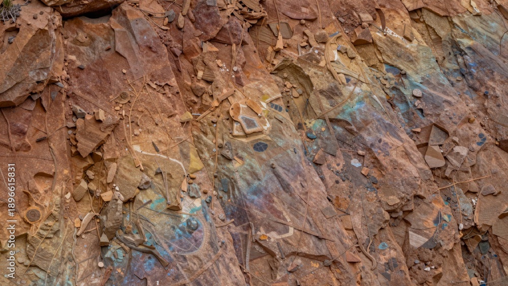 Fototapeta premium Close-up rocky surface composed varying shades brown orange beige texture rock rough uneven variety shapes
