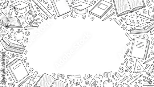 Black and white illustration of various school supplies and objects arranged in a circular border