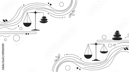 Black and white illustration of scales and trees on wavy lines and circles