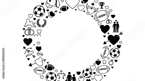 Black and white circular border of various sports icons and symbols