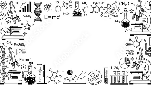 Science and chemistry laboratory equipment and symbols for research and education purposes clearly shown