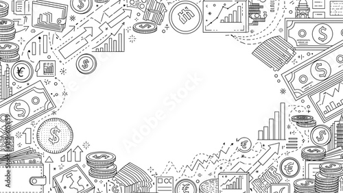 Black and white illustration of various business and finance icons arranged in a circle