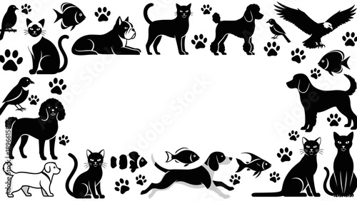 Black silhouettes of various pets and animals