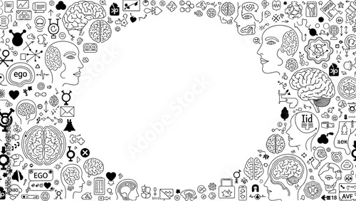 Black and white illustration of various mind related objects and symbols