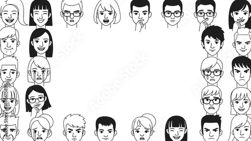 Diverse group of cartoon people with various hairstyles and expressions