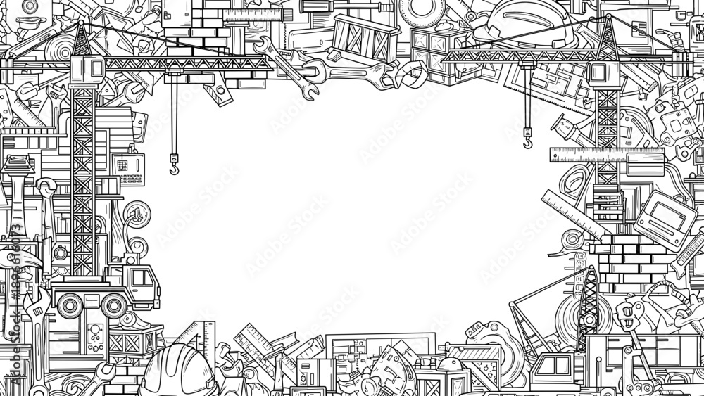 Fototapeta premium A detailed illustration of various tools and objects forming a border around a blank white space