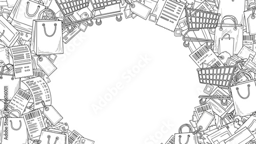 A black and white illustration of various objects arranged in a circular pattern