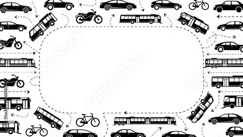 Black and white illustration of various vehicles on a forming a border