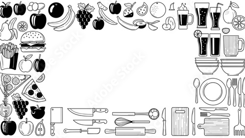 Black and white kitchen utensils and food icons border frame on for cooking or recipe design