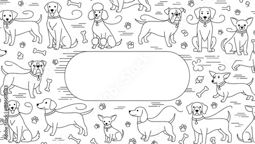 Colorful illustration of various dog breeds playing and running together in a fun scene