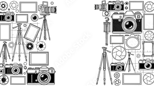 Collection of various photography equipment and accessories in black and white