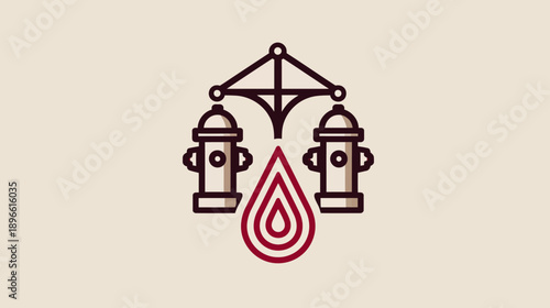 A symmetrical composition of fire hydrants, overhead structure, and a dripping water-like element