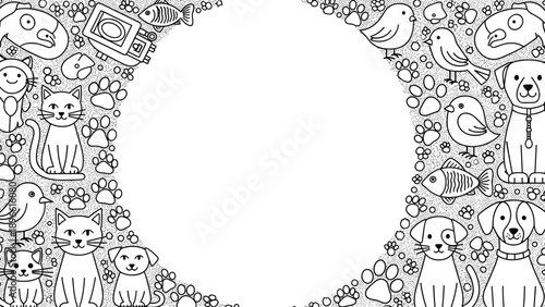 Black and white illustration of various animals and objects forming a border