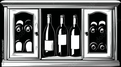 Black and white illustration depicts a cabinet with bottles and spaces for wine glasses