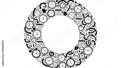 A large ring made up of various clock faces and watch dials