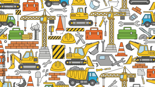 Colorful construction vehicles and equipment illustration with various tools