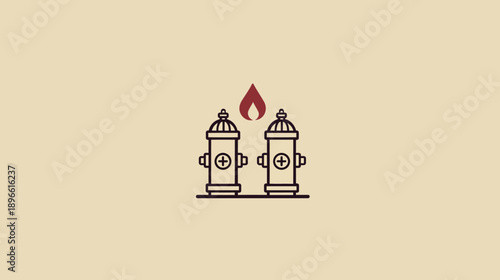 Minimalist illustration of two fire hydrants with a flame icon above them on a beige background