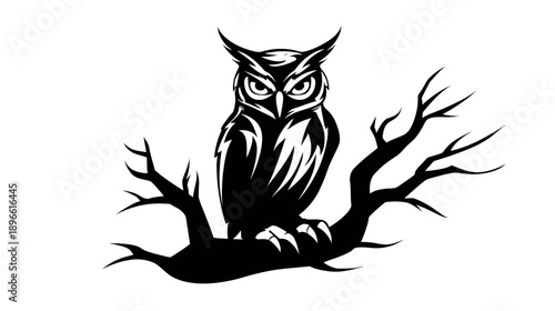 A monochrome illustration features a stylized owl perched on a branch, set against a white backdrop