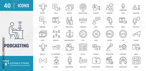 Podcast icon set. Includes Podcast, Broadcasting, sound, studio, microphone, Microphone, Conversation, Audiobook and more. Vector illustration with editable strokes