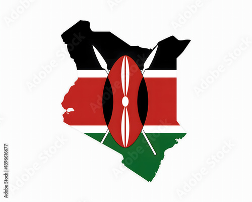 Kenya map with flag colors and Maasai shield, a symbol of national pride and heritage of this East African nation