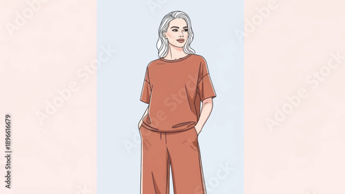 Stylish illustrated woman in orange outfit standing confidently.