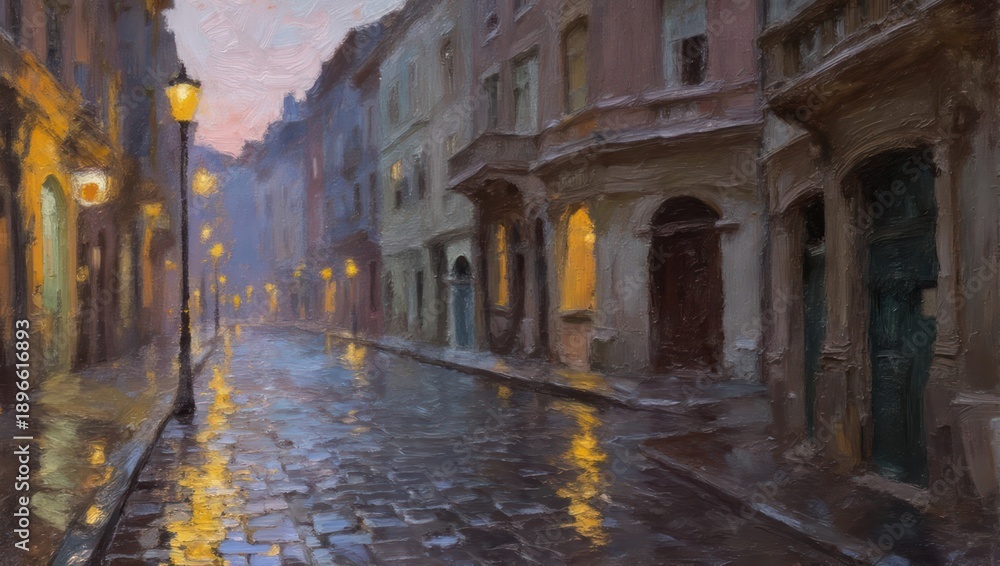 Fototapeta premium A rain-soaked alleyway at dawn. Pastel hues, light reflecting on wet cobblestones. Old-style buildings