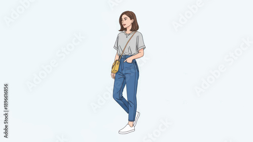 Illustrated woman standing in casual jeans with a yellow crossbody bag.