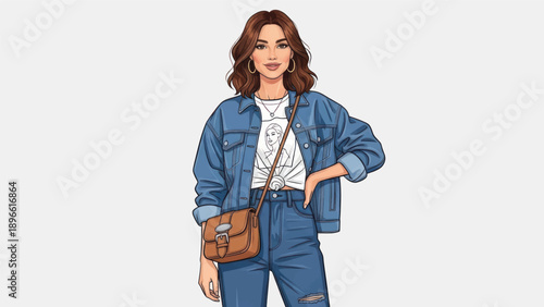 Stylish young woman in denim jacket and jeans with crossbody bag posing casually in a fashionable streetwear look.