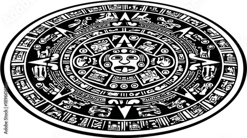 A black and white depiction of a circular astronomical artifact. Contains intricate carvings and shapes