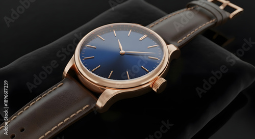 Wallpaper Mural Elegant luxury wristwatch with a rose gold casing, deep blue dial, and a classic brown leather strap, resting on a black cushion. Torontodigital.ca
