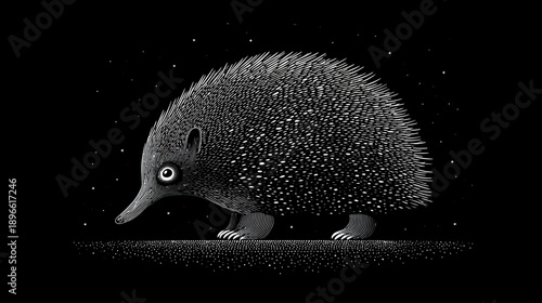 A black and white illustration of an echidna with detailed spiky fur and a long snout against a starry sky