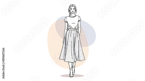 Stylized illustration of a woman in a midlength dress standing gracefully.
