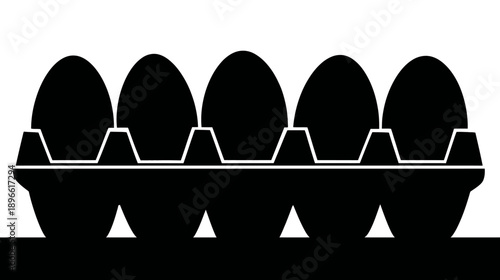 A stark black and white illustration of five eggs nestled in a carton with a solid black backdrop