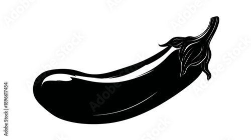 A black and white illustration of an elongated, glossy, and curved vegetable