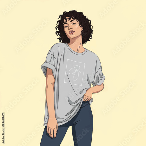 Casual illustrated woman standing in a relaxed pose wearing a loose gray T shirt and dark jeans.