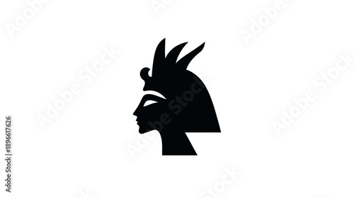 Silhouetted profile view of a person wearing a headdress and collar in black on a white background