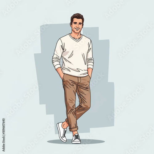 A casually dressed man confidently strolling in a light background illustration.