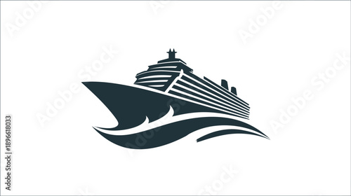A cruise ship silhouette in dark teal, sailing through stylized ocean waves, graphic design on white