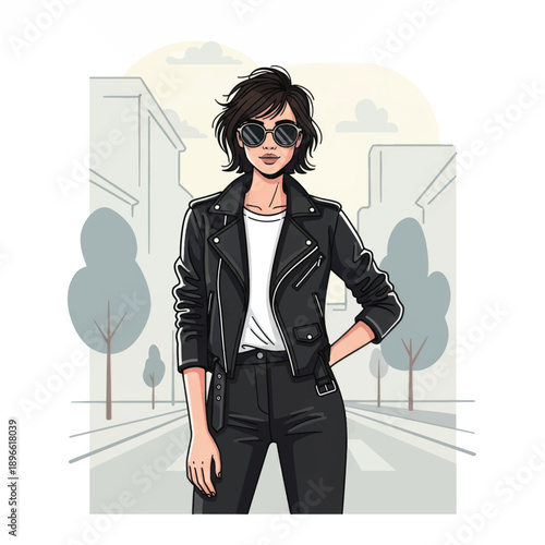 Stylish urban woman wearing leather jacket and sunglasses on city street illustration.