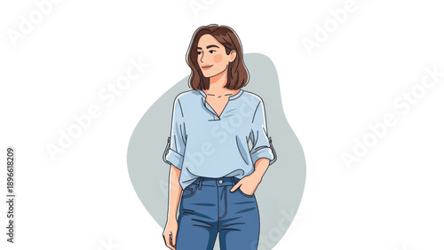 Casual woman standing with hands in pockets wearing blue blouse and jeans in a simple illustrated scene.