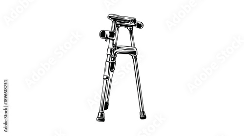 A detailed illustration of a medical walker, used for support and assistance. A classic, vintage style