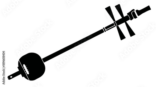 Black and white illustration of a stringed musical instrument with a rounded body and long neck