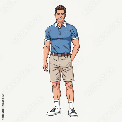 Illustrated man standing in casual summer outfit with blue polo shirt and khaki shorts.