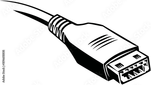 A monochrome illustration of a cable connector with detailed design, isolated on white background