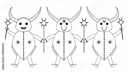 Smiling horned creatures holding staffs in playful stance