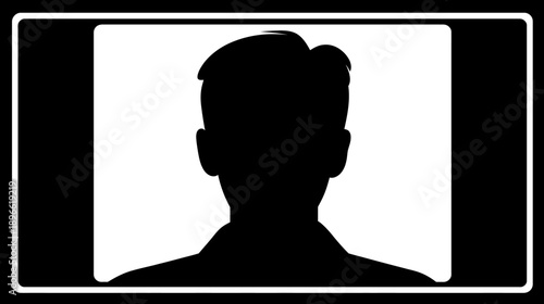 A black silhouette of a person from the shoulders up, centered within a white, rounded-corner shape